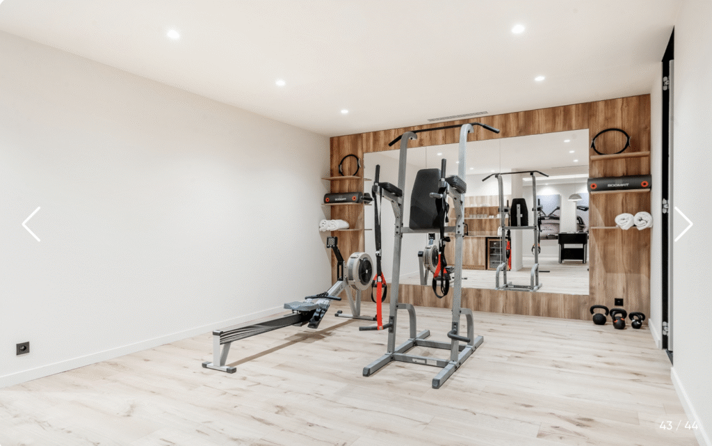 Salle de sport privée entièrement équipée avec rameur, tapis de course et appareils de musculation