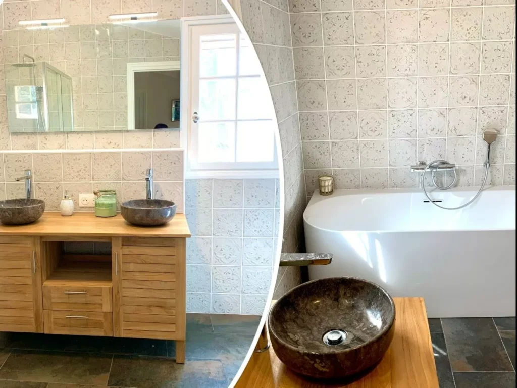 Salle de bain avec baignoire et miroir élégant